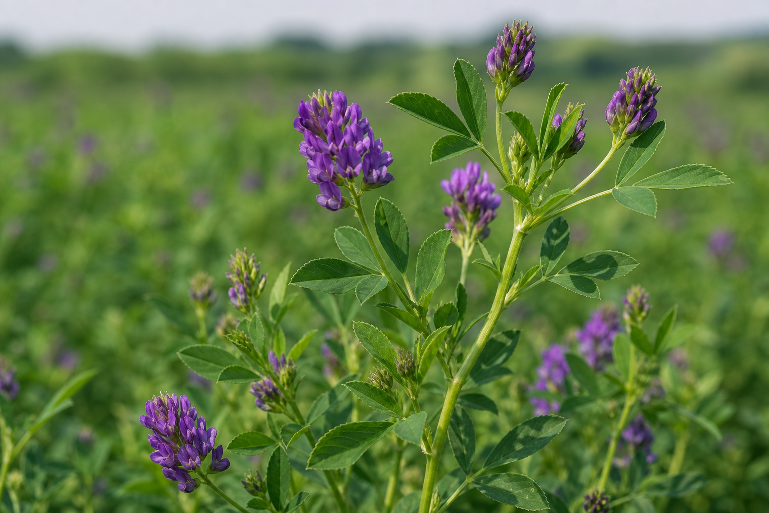 Close-up of a healthy alfalfa plant with trifoliate leaves and purple flowers