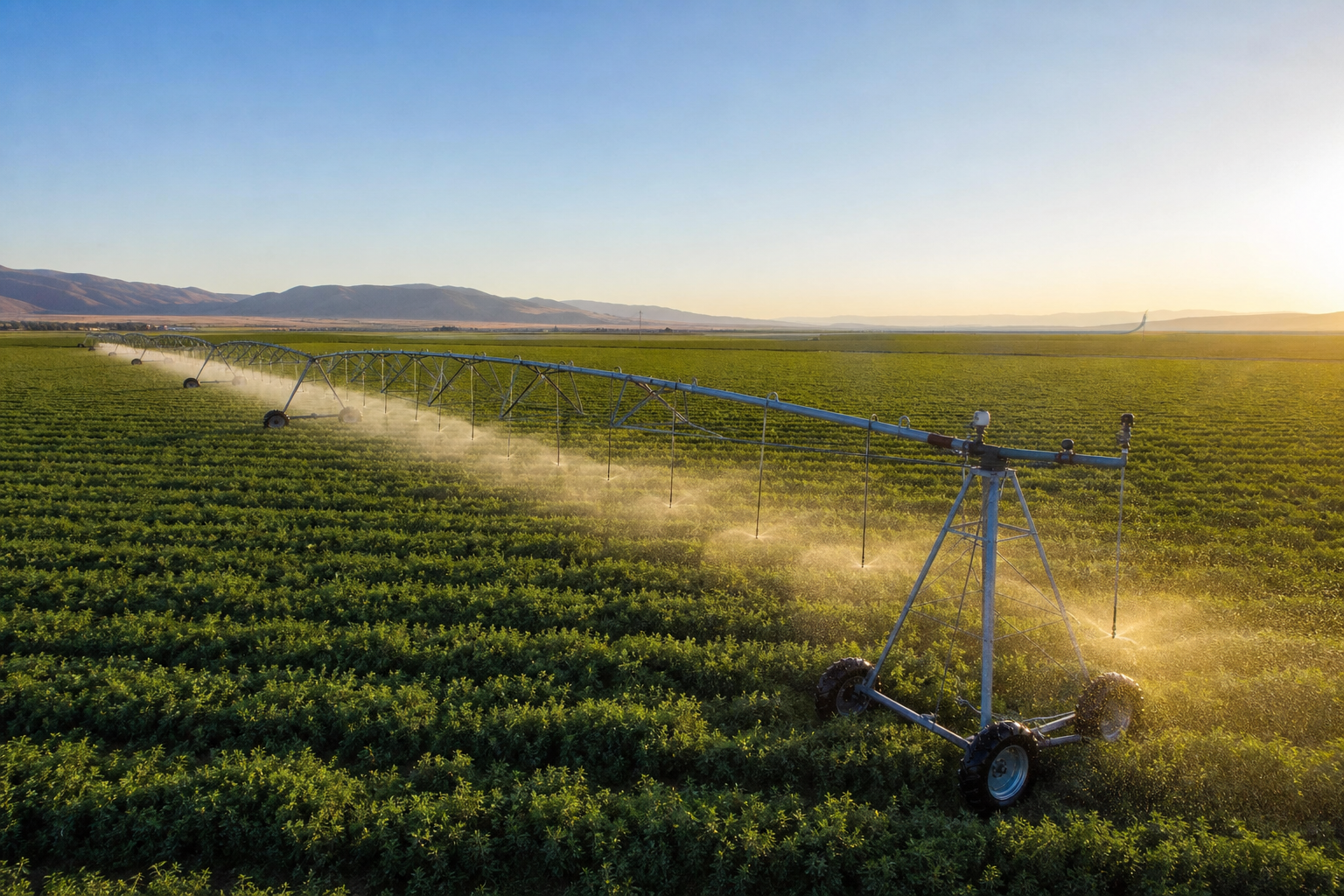 Center-pivot irrigation system watering a commercial alfalfa field